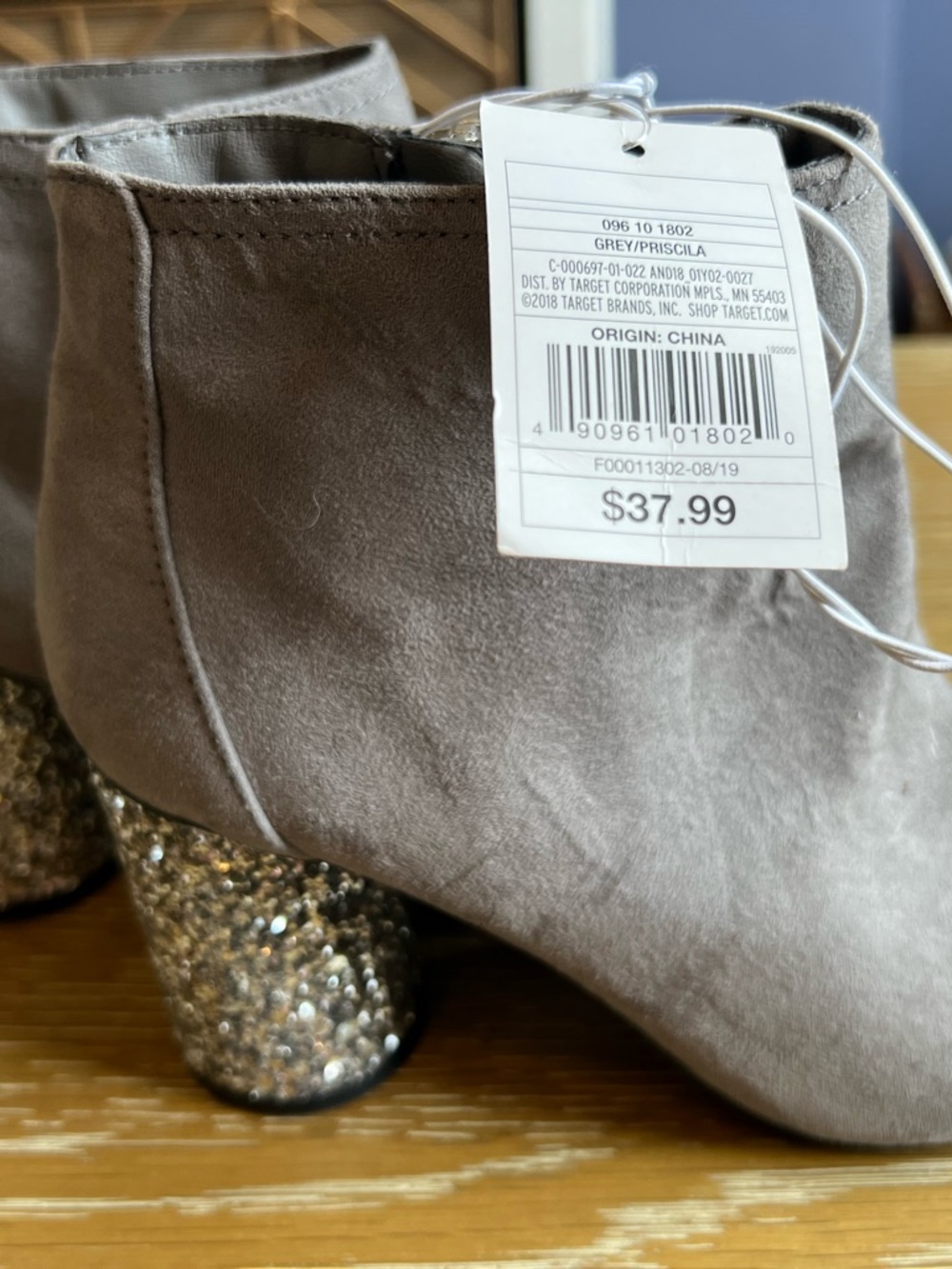 New! Grey Ankle Booties with Silver Glitter Block Heels